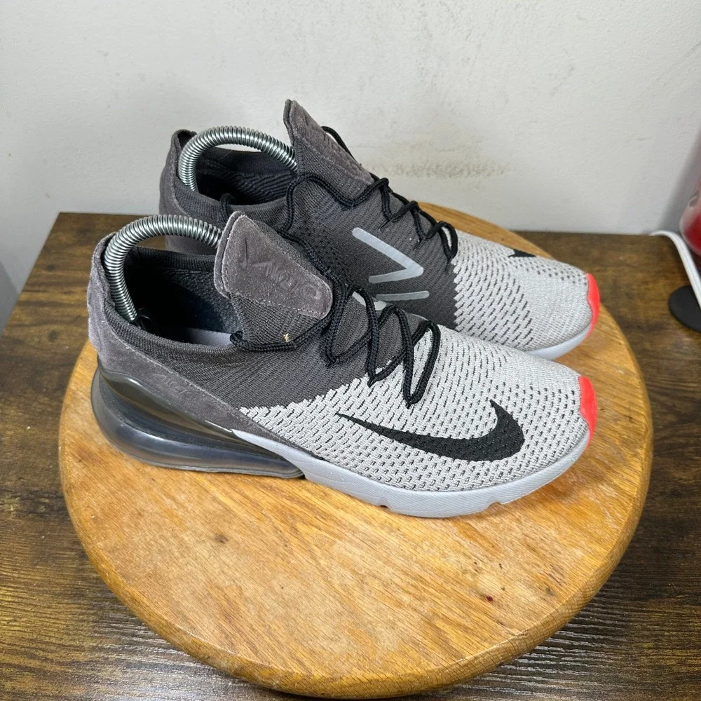 Nike Air Max 270 Flyknit Mens Grey Black Orange AO1023-004 Running Shoes Size 8